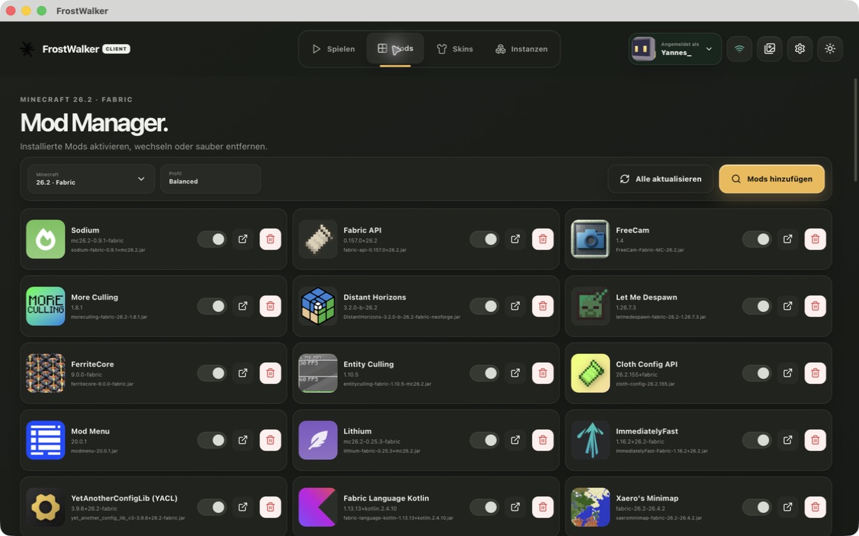 FrostWalker mod manager showing installed Fabric mods